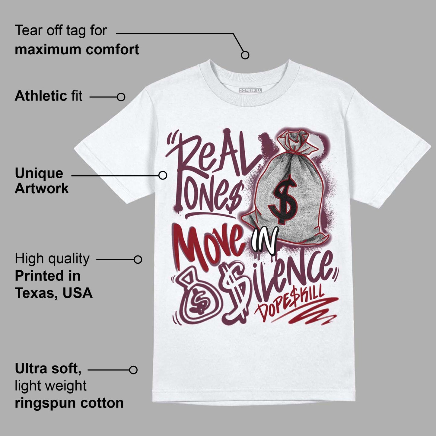 Burgundy 5s DopeSkill T-Shirt Real Ones Move In Silence Graphic
