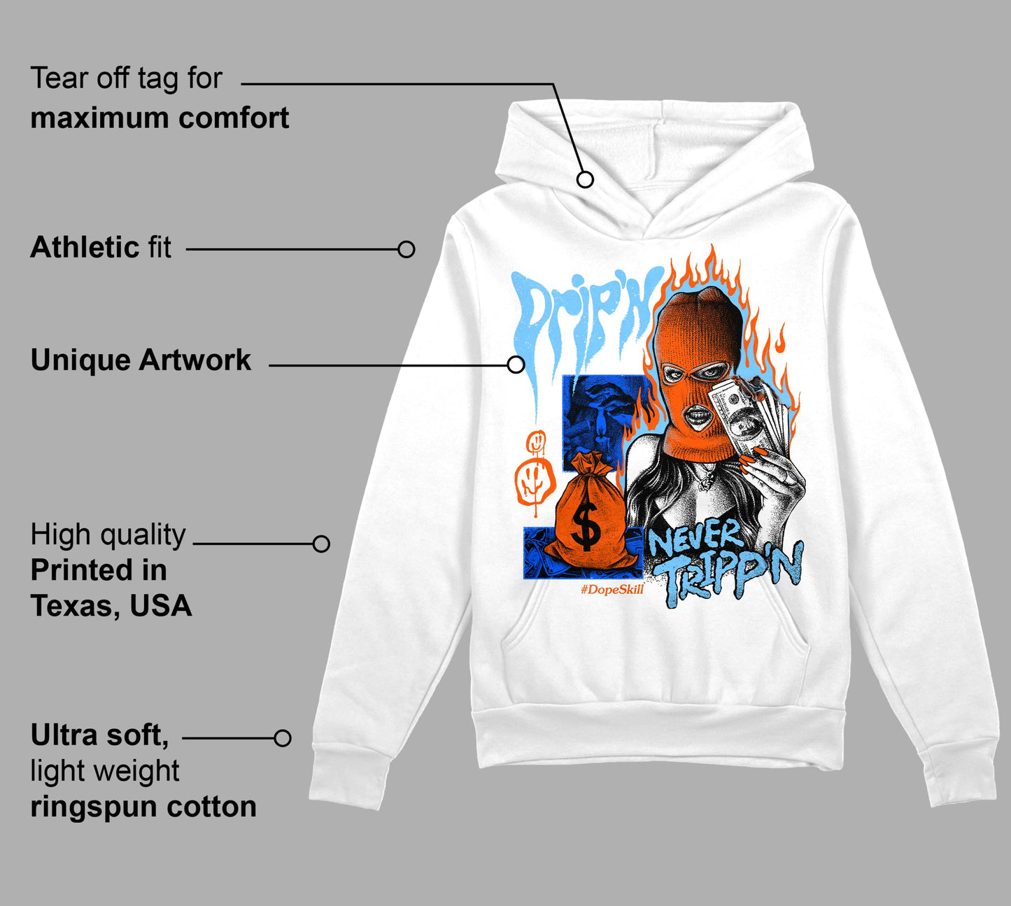 Dunk Futura University Blue DopeSkill Hoodie Sweatshirt Drip'n Never Tripp'n Graphic