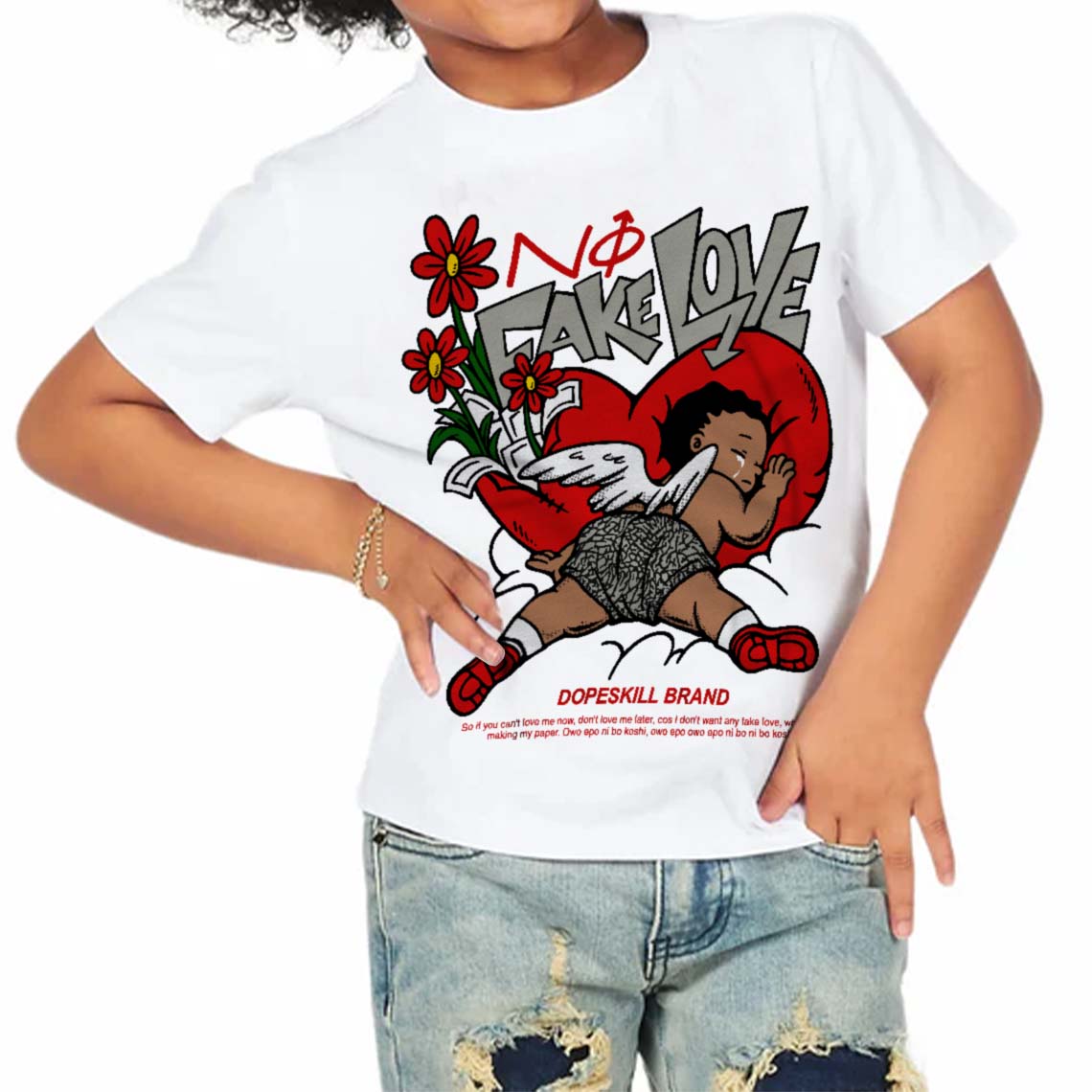 Fire Red 3s DopeSkill Toddler Kids T-shirt No Fake Love Graphic