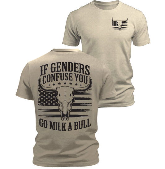 If Genders Confuse You T-Shirt American Flag Bull Skull Back Print Patriotic Men's Graphic Tee