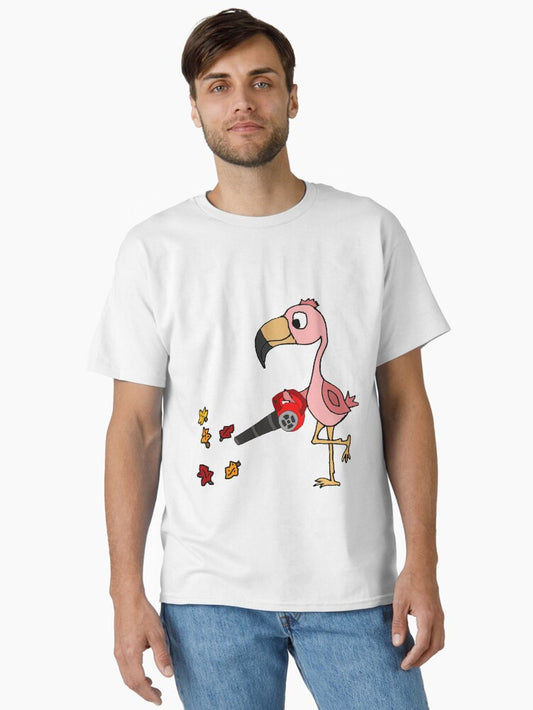 Funny Pink Flamingo using Leaf Blower Classic T-Shirt