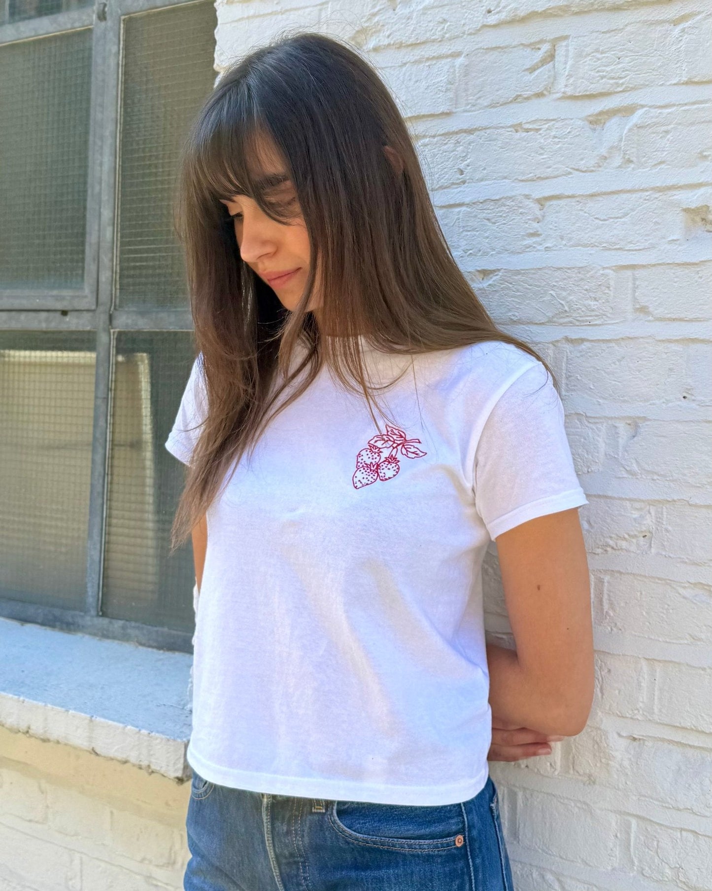 strawberry embroidered baby tee