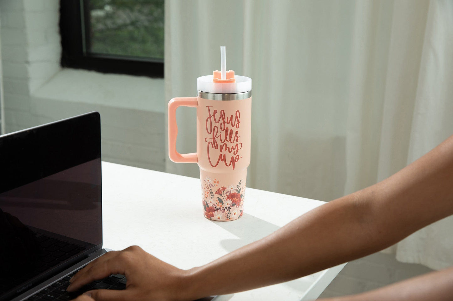 Jesus Fills My Cup Floral Stainless Steel 30oz Tumbler With Handle