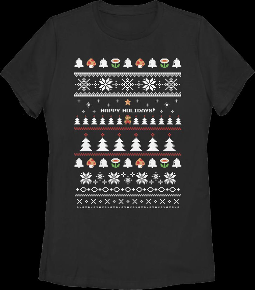 Black Womens Happy Holidays Faux Xmas Sweater Super Mario Bros. Shirt